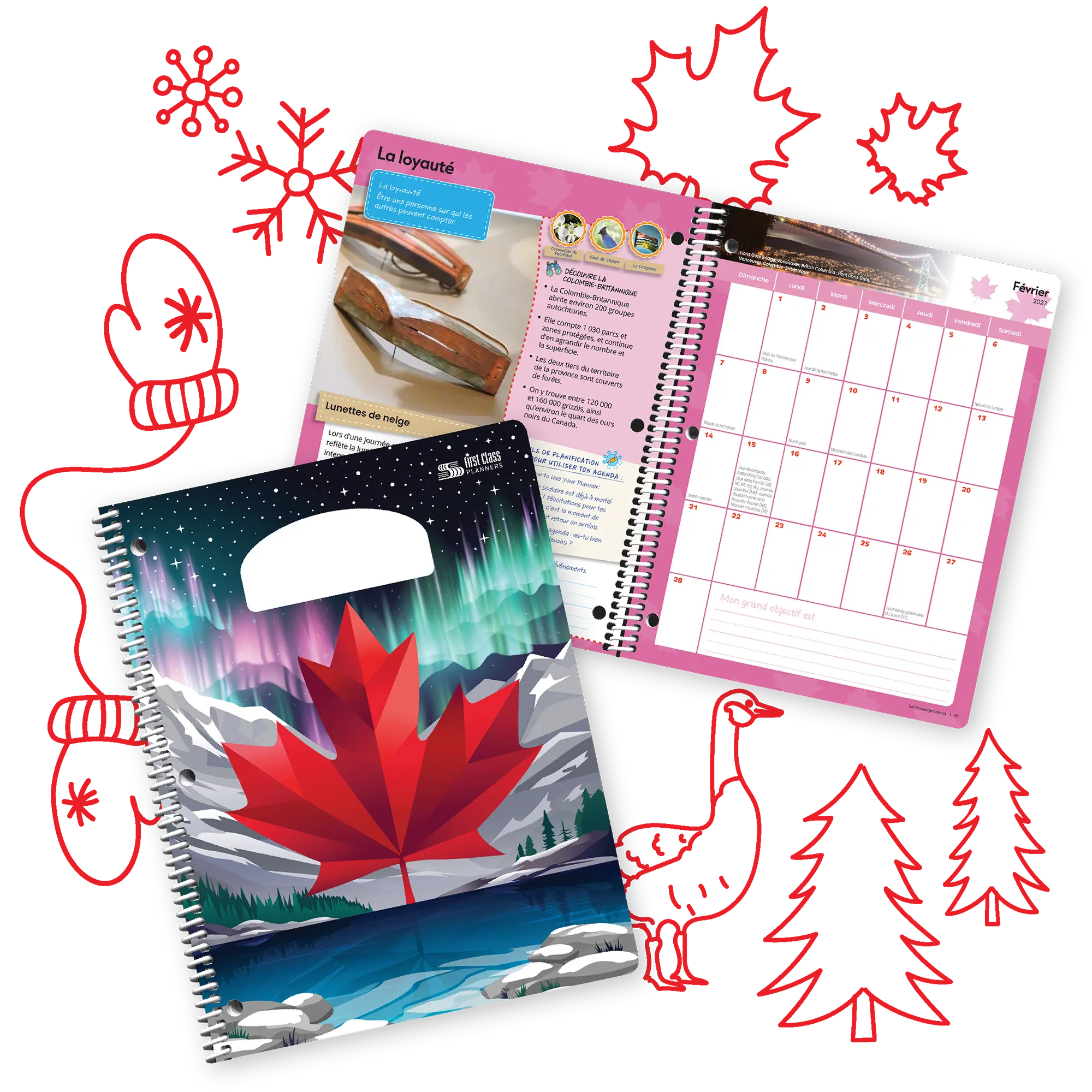 Aperçu d’un agenda élève avec pages ludiques et couverture colorée