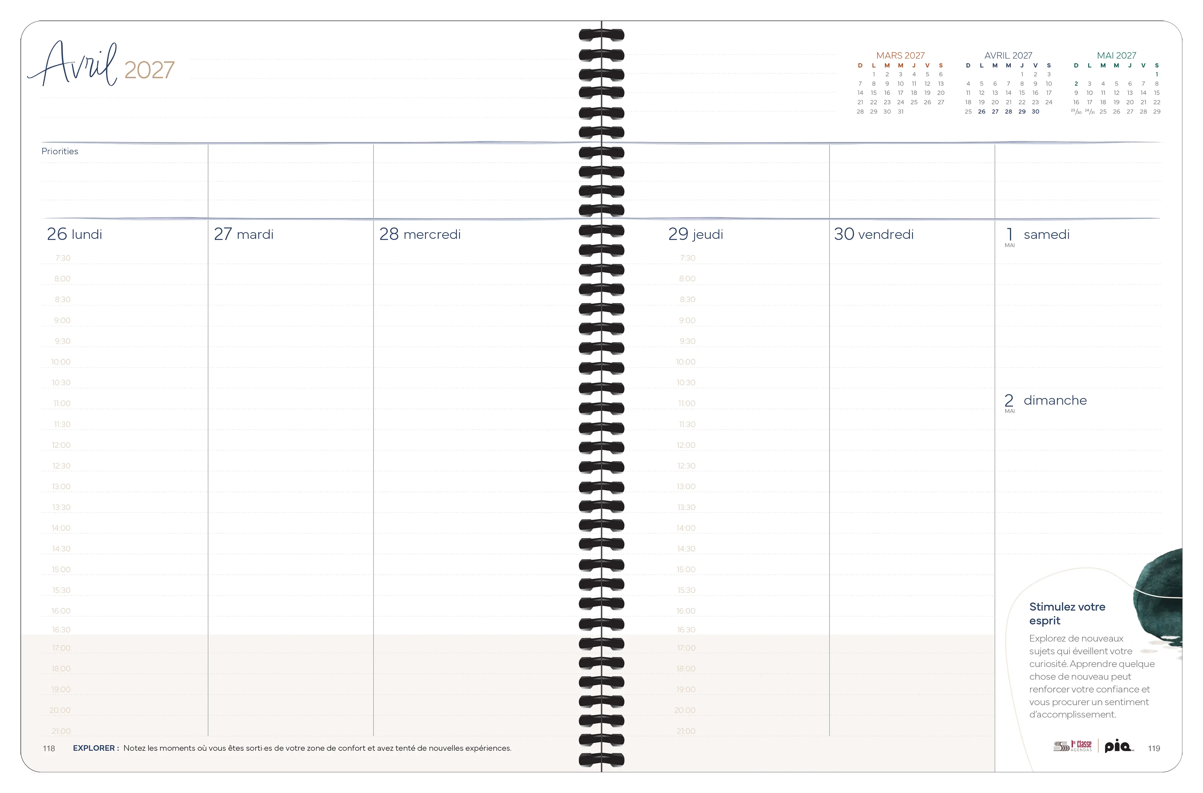 Agenda professionnel Prestige — aperçu hebdomadaire