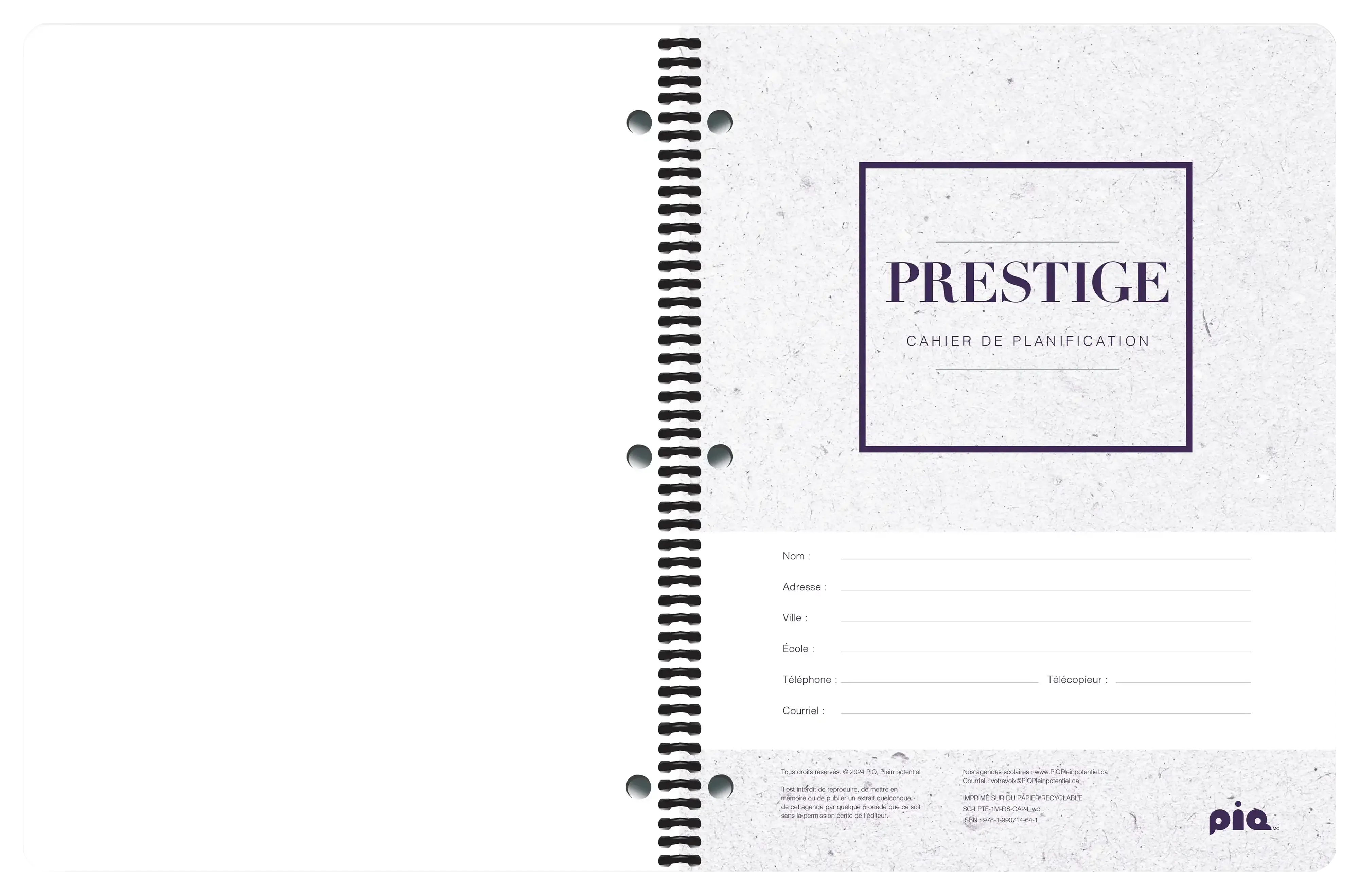 Page d’identification du cahier Prestige