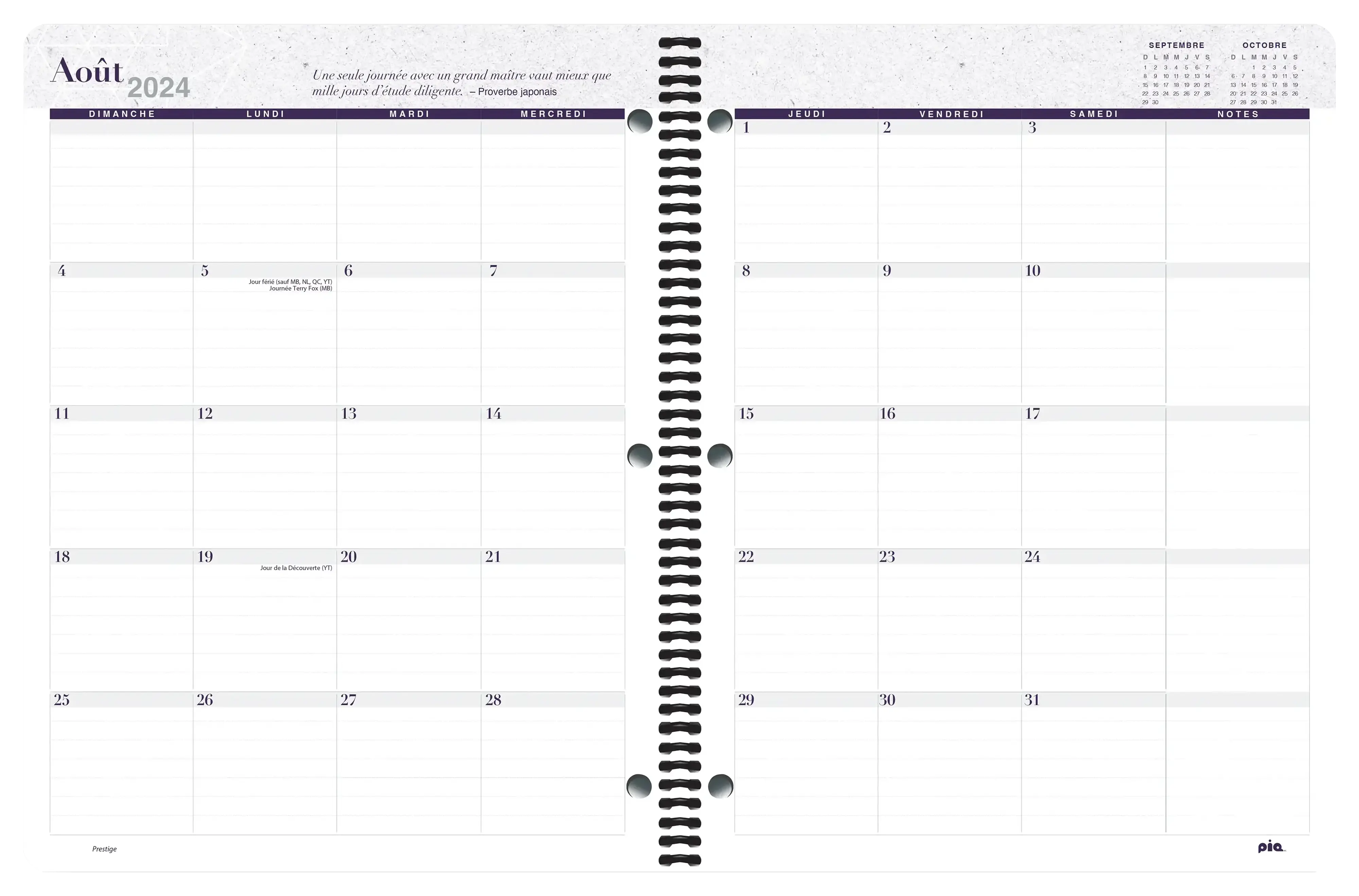 Calendrier mensuel du cahier Prestige