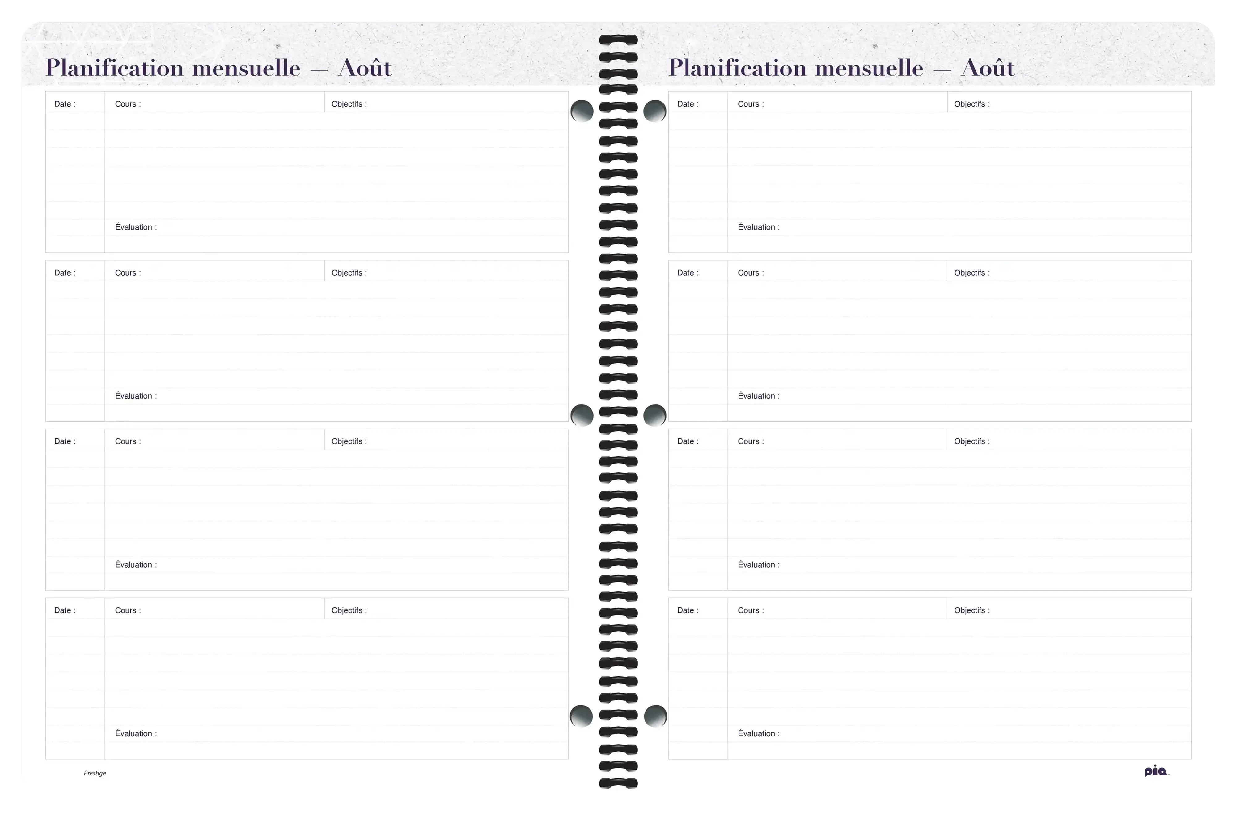 Aperçu du cahier de planification Prestige