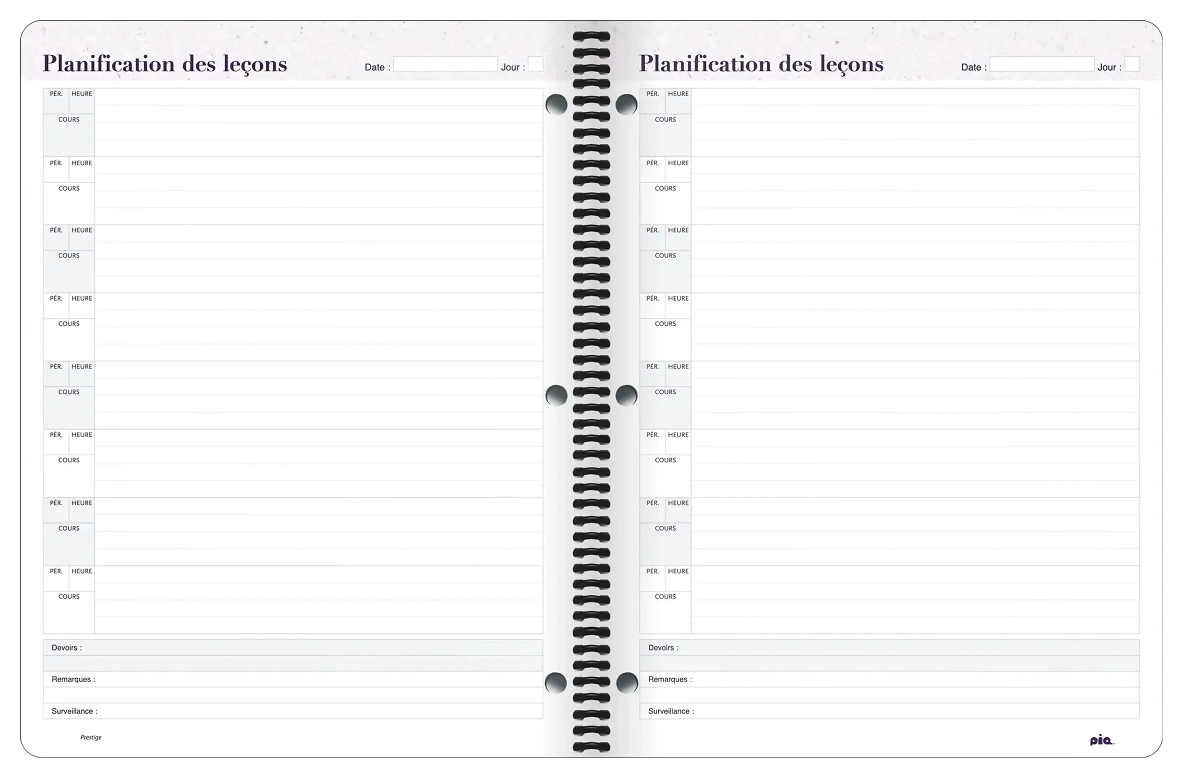 Aperçu — Cahier de planification Prestige