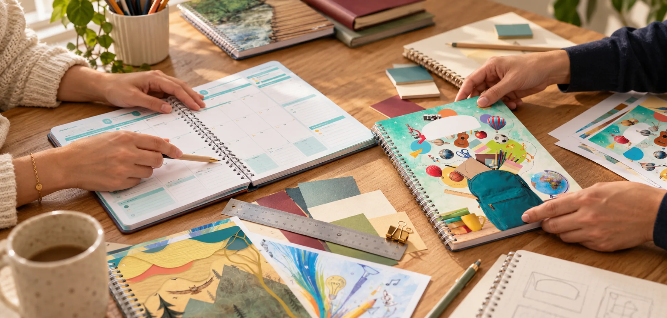 Des personnes collaborent à la création et à la personnalisation d’agendas scolaires